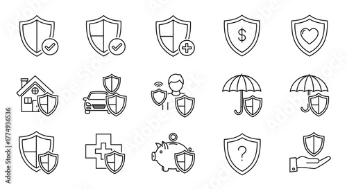 Collection of outline shield and insurance line icons, representing security, protection, and safety for graphic and web design, apps, adverts, and various cards. This vector cartoon illustration