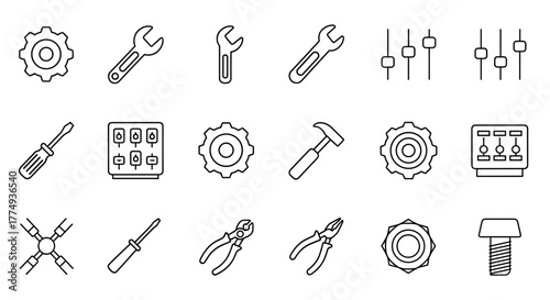 Collection of thin line icons representing various tools and settings, perfect for web, books, cards, and apps. This editable stroke vector cartoon illustration features gears, wrenches