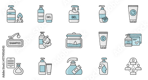 A curated collection of minimalistic linear pictograms representing shampoo, gel, and skincare products, perfect for web design, graphic design, app interfaces, social media banners, and digital