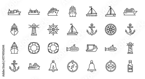 Collection of outline icons representing various nautical and maritime elements, including ships, sailboats, submarines, lighthouses, anchors, lifebuoys, ship wheels, compasses, and bells, designed