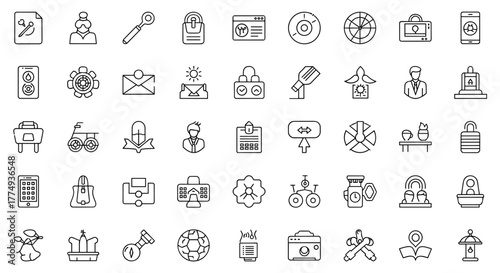 Collection of simple, isolated line icons on a white background, featuring editable strokes suitable for web, books, cards, and apps. This vector cartoon illustration includes diverse symbols like