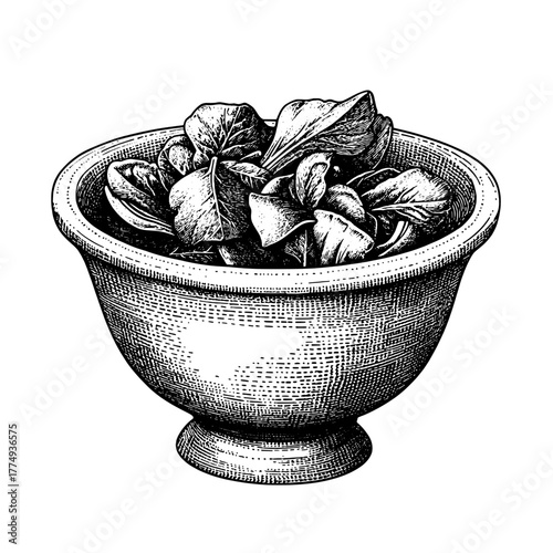 Elegant engraved bowl filled with fresh, vibrant leaves in a detailed art piece representing nature’s bounty