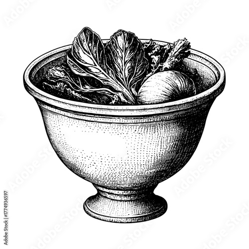Detailed engraved illustration of a rustic bowl filled with fresh greens and vegetables showcasing nature's bounty in a classic style