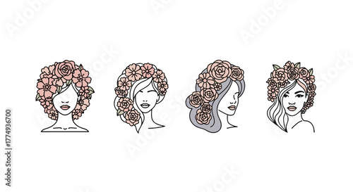 Set of four diverse female profile illustrations adorned with beautiful floral arrangements, symbolizing natural beauty, femininity, and growth. Each woman's unique hairstyle is complemented by