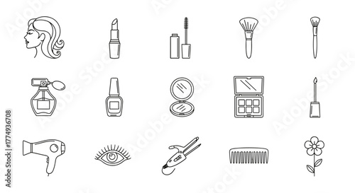Collection of white line art icons representing beauty and cosmetic products, including a woman's profile, lipstick, mascara, brushes, perfume, nail polish, compact mirror, eyeshadow palette, lip