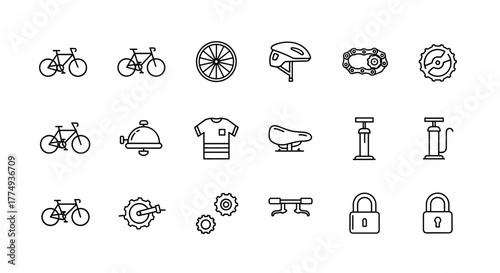 A collection of modern, editable, and simple bicycle icons, presented as ordered line art on a clean white background, perfect for graphic resources and technology-related designs, offering a clear