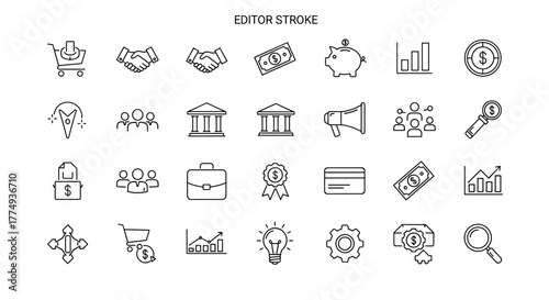 Set of vector thin line icons for commerce, business, finance, banking, data analysis, teamwork, marketing, and investment, with editable stroke, representing shopping cart, handshake, money, piggy