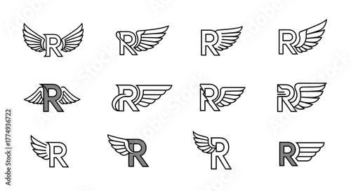 Collection of twelve stylized letter R monograms, each adorned with a pair of wings, presented in a clean vector cartoon illustration style. This ordered set features variations in wing design and R