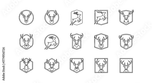 Collection of minimalist line art deer logos and badges in vintage style, featuring stag heads and leaping deer within geometric shapes like circles, hexagons, and shields, presented as a clean