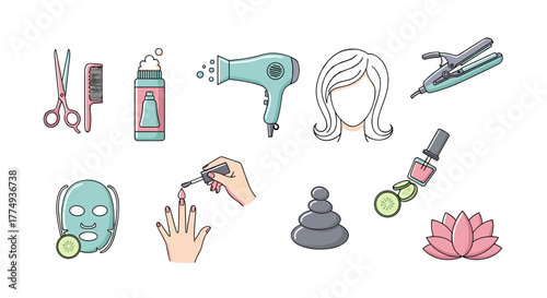 A vibrant and charming cartoon vector illustration set featuring essential beauty and spa salon icons, including scissors, comb, shampoo bottle, hairdryer, hair, flat iron, face mask with cucumber