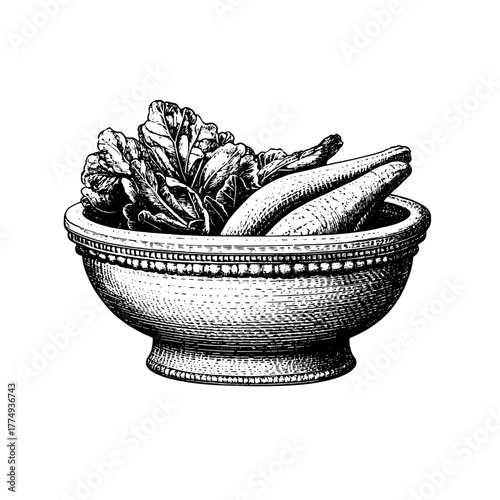 Engraved illustration of a rustic bowl filled with fresh vegetables and greens for culinary art enthusiasts