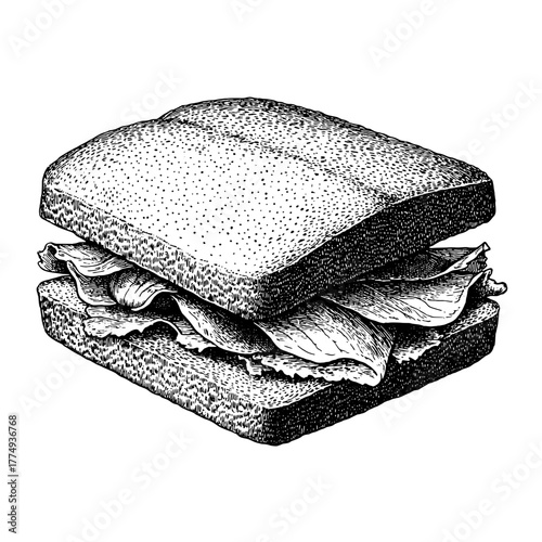 Delightful engraved illustration of a classic sandwich showcasing fresh ingredients and intricate detailing