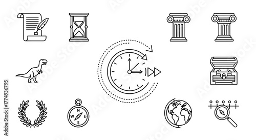 A set of ordered line icons on a white background, featuring a clock symbolizing going back in time, and architectural elements like columns, representing history and past events, isolated for clear