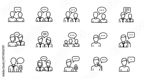 Set of 15 faceless people talking outline linear symbols for graphics, vector cartoon illustration with speech bubbles and microphones, representing communication, discussion, and conversation in a