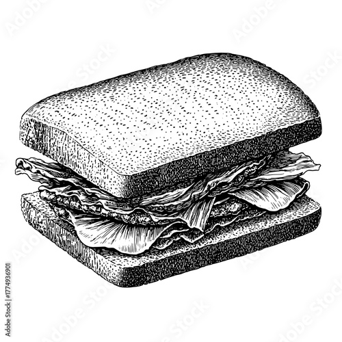 Engraved illustration of a classic sandwich highlighting fresh ingredients and detailed textures in a vintage style
