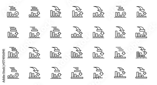 Collection of thin line icons representing downward arrows and progress bars, perfect for apps, websites, banners, infographics, and various design projects, offering a clean and modern aesthetic for