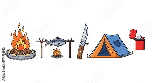 Vibrant and detailed illustration of camping essentials isolated on a black background, featuring a roaring bonfire, a fish cooking over a smaller fire, a sturdy folding knife, a blue and orange