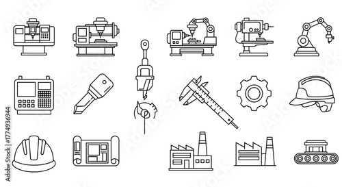 Set of outline vector icons representing CNC machines, mill controllers, and industrial tools, presented on a clean white background. This collection features ordered line icons, emphasizing