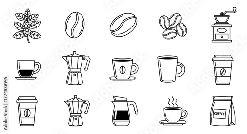 Collection of coffee-related line art illustrations, featuring coffee cups, beans, and brewing equipment, perfect for infographics, articles, books, flyers, and banners, with editable strokes for