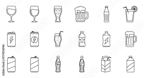 Collection of outline symbols of alcoholic drinks, energy drinks, and soft drinks, drawn with thin lines, perfect for apps, websites, banners, and infographics, offering a clean and modern aesthetic