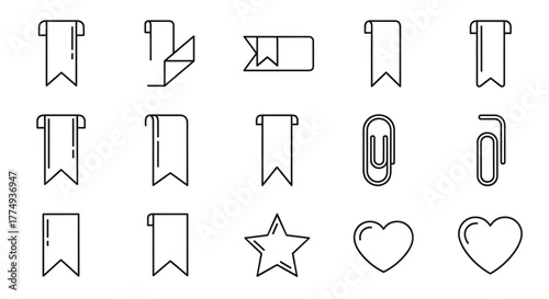Collection of minimalistic linear pictograms for web and graphic design, apps, banners, social networks, and cards, featuring various bookmark styles, paperclips, a star, and hearts, all rendered in