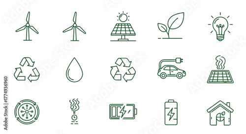 Collection of outline symbols representing green energy and sustainability, including wind turbines, solar panels, recycling symbols, water drops, electric cars, light bulbs, and eco-friendly houses