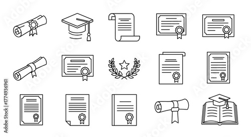 Collection of outline symbols representing diplomas, certificates, graduation caps, and laurel wreaths, meticulously drawn with thin lines, ideal for apps, websites, banners, infographics, and