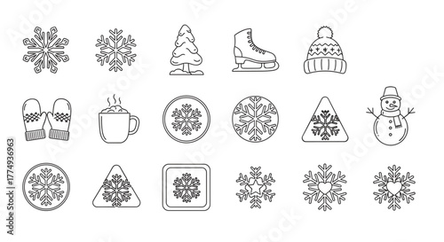Collection of Winter-themed Line Icons: Snowflakes, Mittens, Hot Chocolate, Christmas Tree, Ice Skate, Beanie Hat, Snowman, and More. Perfect for Graphic Design, Web, Apps, Advertisements, and Cards.
