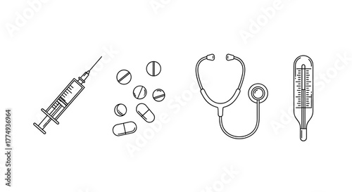 Collection of Medical Icons: Syringe, Stethoscope, Pills, and Thermometer, Hand-Drawn Style with Thin Lines, Ideal for Apps, Websites, Banners, and Infographics, Representing Healthcare and Science