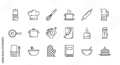 A clean and modern line-art icon set featuring various cooking utensils and kitchenware, perfect for culinary websites, recipe apps, or food blogs. This collection includes essential tools like pots