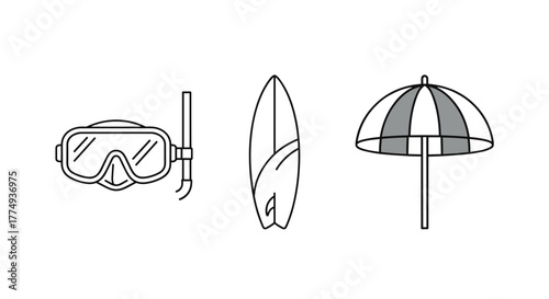 Modern outline style vector icons representing a diving mask with snorkel, a surfboard, and a beach umbrella, perfect for design elements on cards, apps, and social networks, presented as a clean