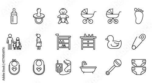 A comprehensive collection of thin line icons representing family and baby essentials, including a baby bottle, pacifier, happy baby, strollers, footprint, family silhouette, pregnant woman, changing