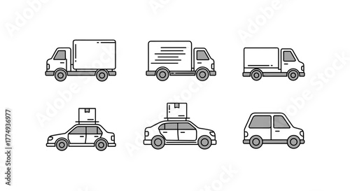 Bundle of six simple, clean, and modern vector cartoon illustrations of delivery trucks, vans, and cars, presented as thin line icons with editable strokes, perfect for web sites, books, cards, and