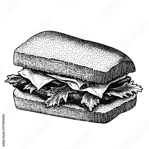 Engraved illustration of a delicious sandwich with fresh ingredients on a rustic bread