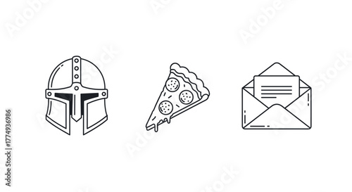 A minimalist vector illustration bundle featuring three distinct outline icons: a futuristic helmet, a slice of pepperoni pizza with dripping cheese, and an open envelope with a letter inside, all