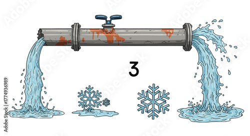 A rusty, damaged water pipe is shown with water gushing out of both ends, illustrating a frozen pipe burst and the resulting water damage, with snowflakes nearby symbolizing the cold weather