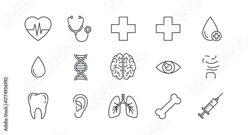 Comprehensive Medical Health Checkup Icon Set: A Vector Collection of Essential Healthcare Symbols, Including Heartbeat, Stethoscope, DNA, Brain, Eye, Lungs, Tooth, Ear, Bone, Syringe, and Blood