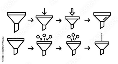 Set of eight outline icons illustrating the process of filtering and separation using a funnel, presented in a linear, sequential manner against a clean white background, ideal for graphic design