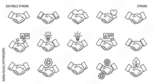 Handshake outline illustration collection, a vector cartoon graphic perfect for infographics, articles, books, flyers, and banners, featuring editable stroke for customization and a vivid, clear