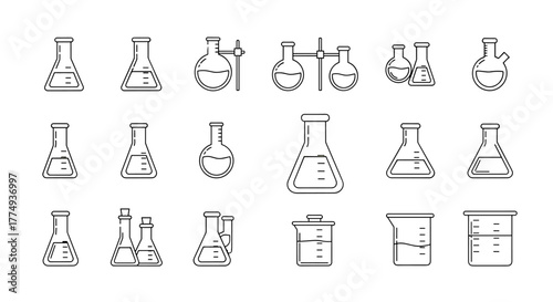 Collection of outline laboratory flasks and beakers, presented as a vector cartoon illustration with white lines on a black background, perfect for graphic and web design, apps, and advertisements