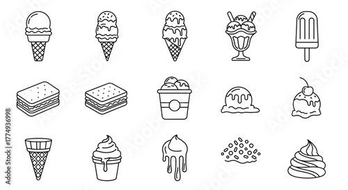 Collection of stylized line art icons representing various ice cream treats, including cones, sundaes, popsicles, sandwiches, and scoops, perfect for web design, apps, books, and cards, with editable