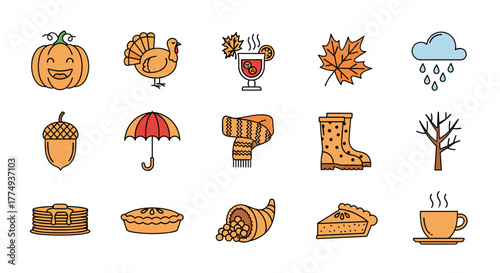 Vibrant Autumn Icon Set: A Collection of Seasonal Symbols Including Pumpkins, Turkeys, Falling Leaves, Mulled Wine, Maple Leaves, Rain, Acorns, Umbrellas, Scarves, Boots, Bare Trees, Pancakes, Pies