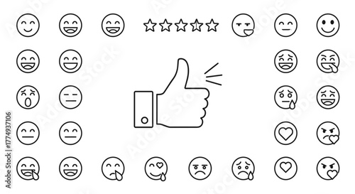 Collection of white outline icons representing customer feedback and ratings, including various emoticons, a thumbs-up symbol, star ratings, and a heart icon, all set against a black background with