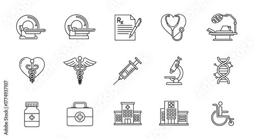Set of simple medical-related vector line icons, including MRI, prescription, surgery, stethoscope, caduceus, syringe, microscope, DNA, pills, first aid kit, hospital, and wheelchair. These icons are