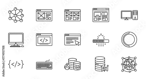 Information Technology web icon set in line style, featuring network connections, web design layouts, computer monitors, software interfaces, progress bars, programming symbols, data storage, and