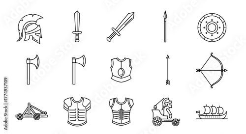 Collection of archaic war-related vector line icons, including a Roman helmet, swords, axes, armor, a shield, a spear, an arrow, a bow, a catapult, a chariot, and a ship, presented with editable