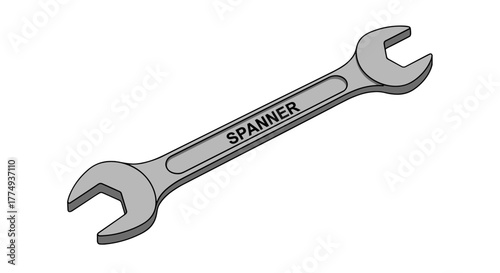 A simple, clean vector illustration of a silver spanner, also known as a wrench, with the word "SPINNER" clearly inscribed on its handle, set against a stark black background, symbolizing repair