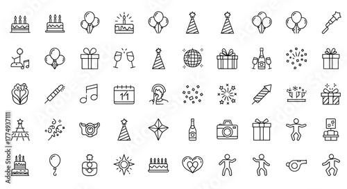 Collection of minimalist thin line party icons with editable stroke, featuring birthday cakes, balloons, gifts, champagne, fireworks, party hats, disco ball, camera, and festive elements, perfect for
