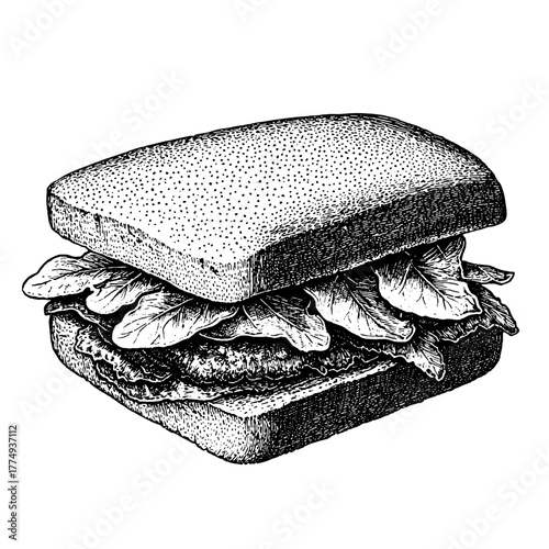 Engraved illustration of a delicious sandwich with fresh lettuce on a soft bun