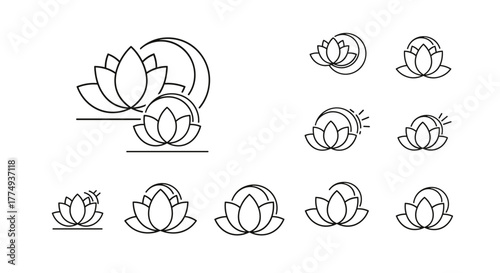 Set of stylized lotus flower icons and logos, featuring a minimalist line art design with subtle celestial elements like a crescent moon and sun rays, perfect for branding, wellness, and spiritual